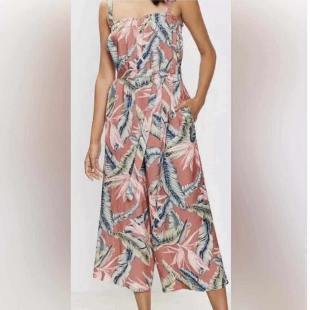 Loft Tropical Print Linen Blend Cropped Wide Leg Jumpsuit Large